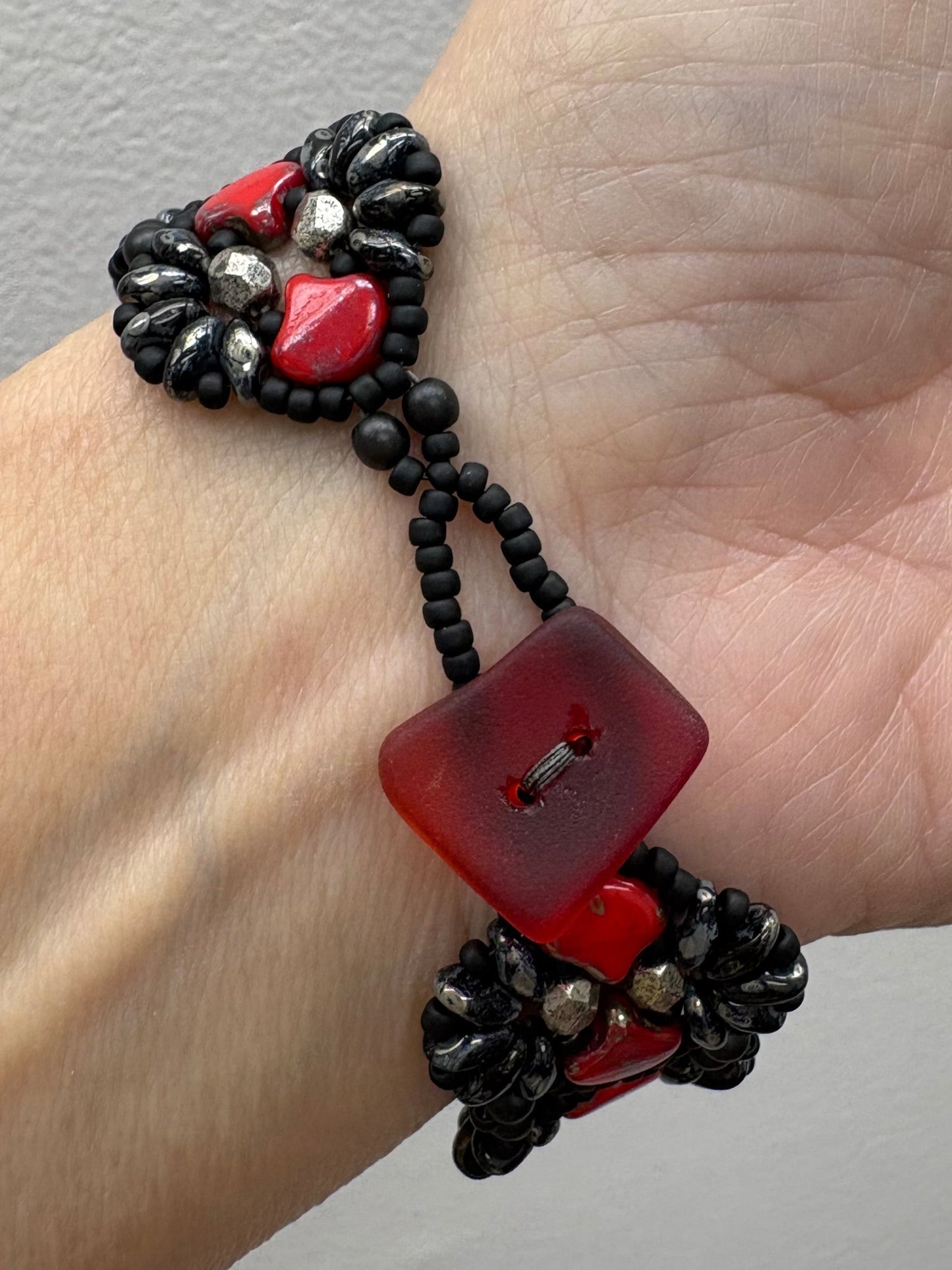 Sonsy Earrings and/or Bracelet Beautifully Handwoven black and red glass beads