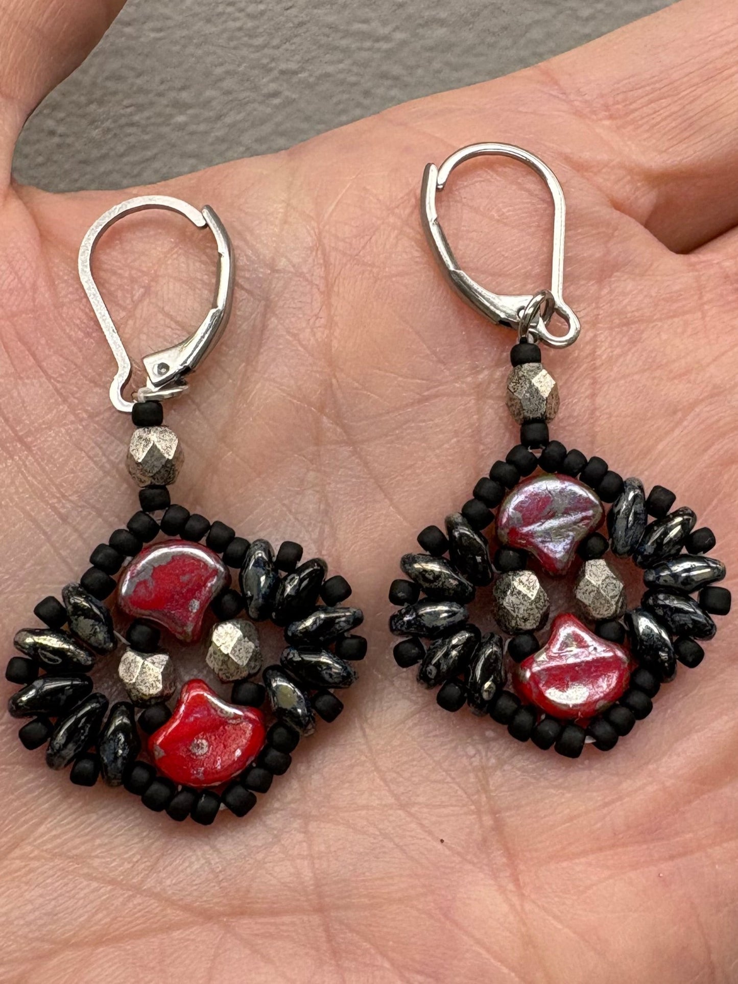 Sonsy Earrings and/or Bracelet Beautifully Handwoven black and red glass beads