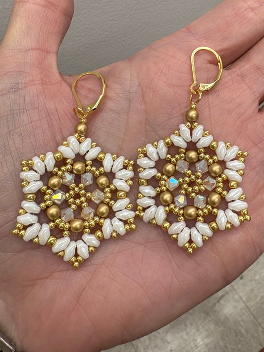 Large Snowflake Earrings, Handwoven Glass Beads