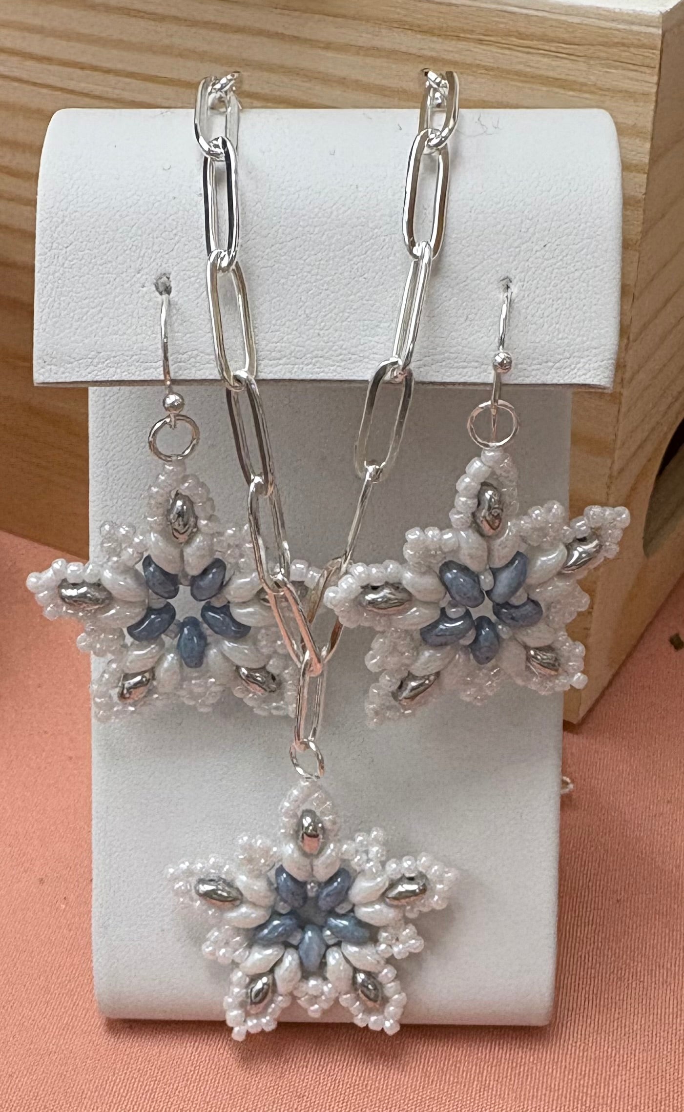 Snowflake Earrings and/or Necklace Beautifully Handwoven glass beads