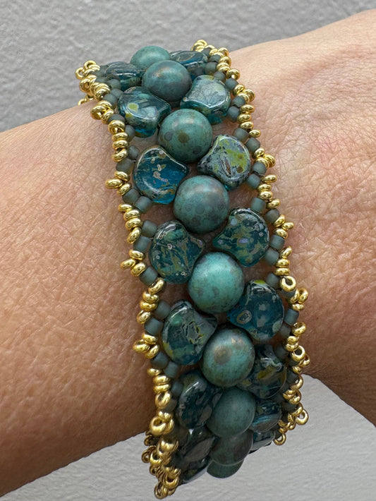 Turquoise Brocade Bracelet, Handwoven with glass beads