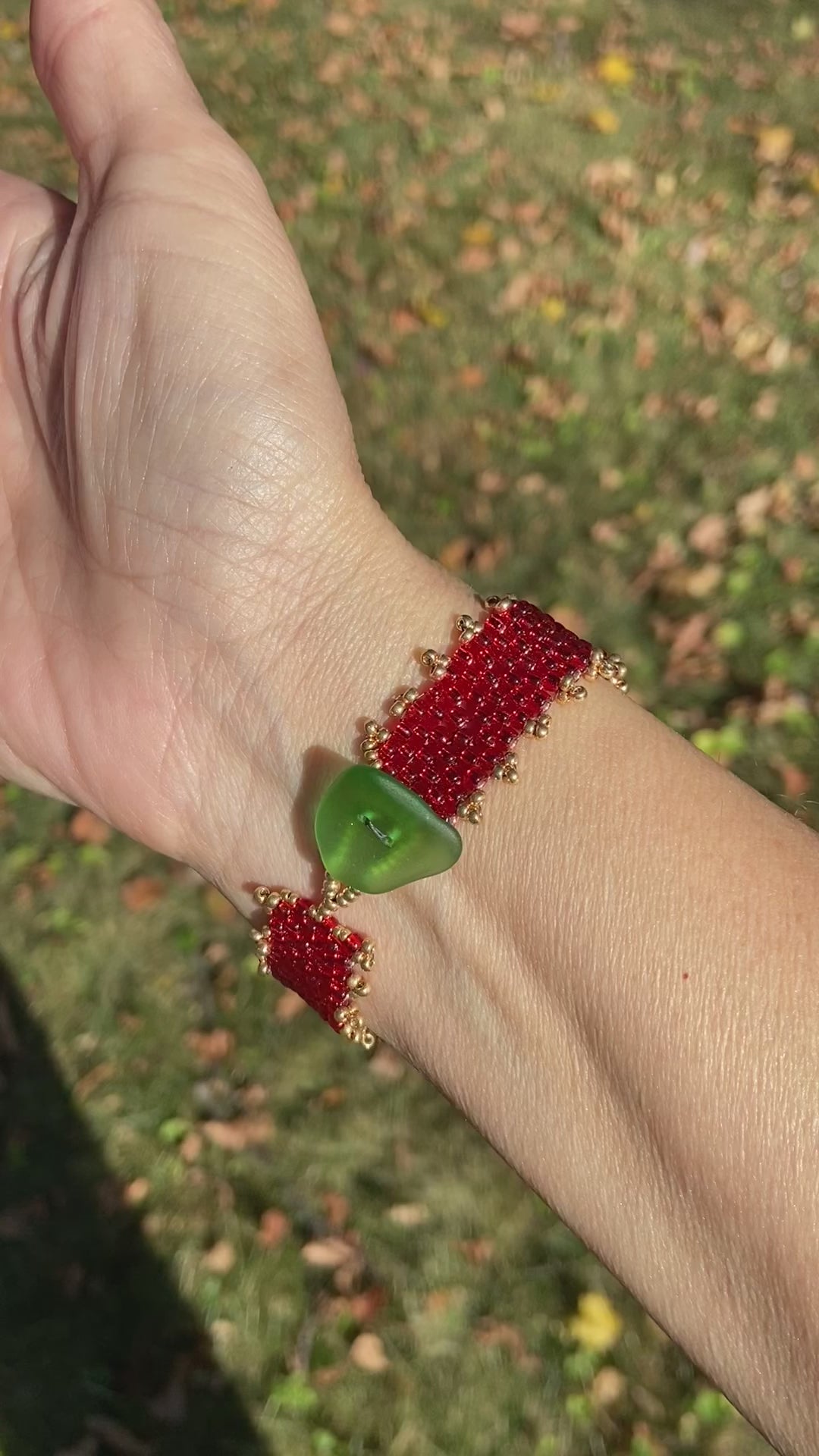 Video of Red Beaded Bracelet with Gold Fringe